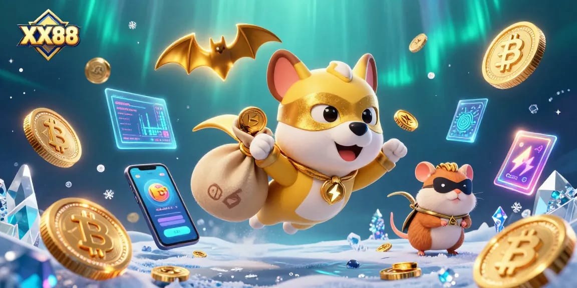 Engage in thrilling gameplay at XX88 with the superhero dog flying amidst vibrant gambling elements.