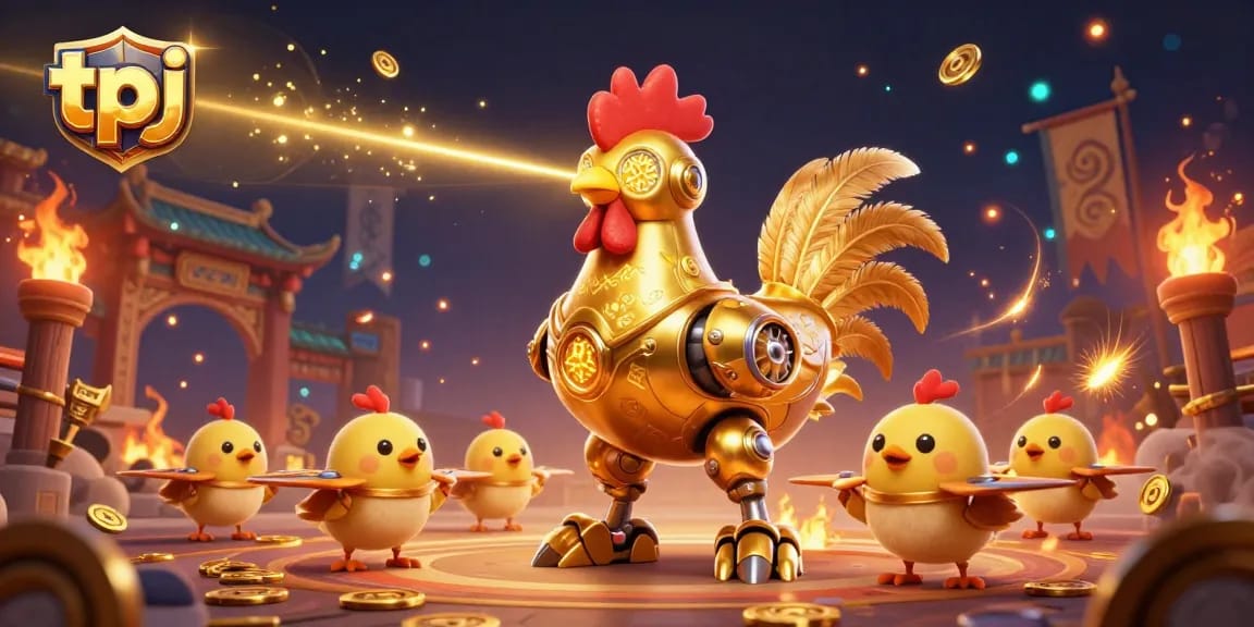 tpj brings thrilling gambling adventures to life with a golden rooster robot and chick drones amidst an exciting casino atmosphere.