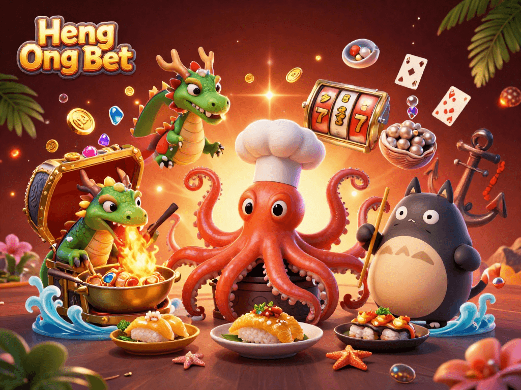 Join Heng Ong Bet for a thrilling casino adventure with vibrant characters and dynamic gaming elements.