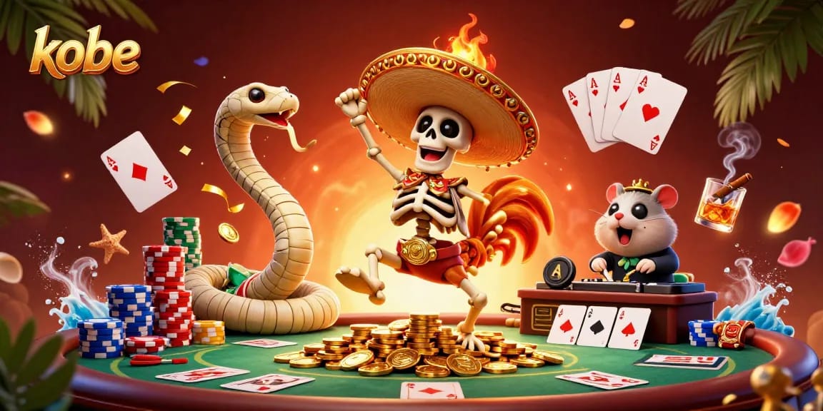 Kobe casino scene featuring a mariachi rooster dancing on coins with poker elements.