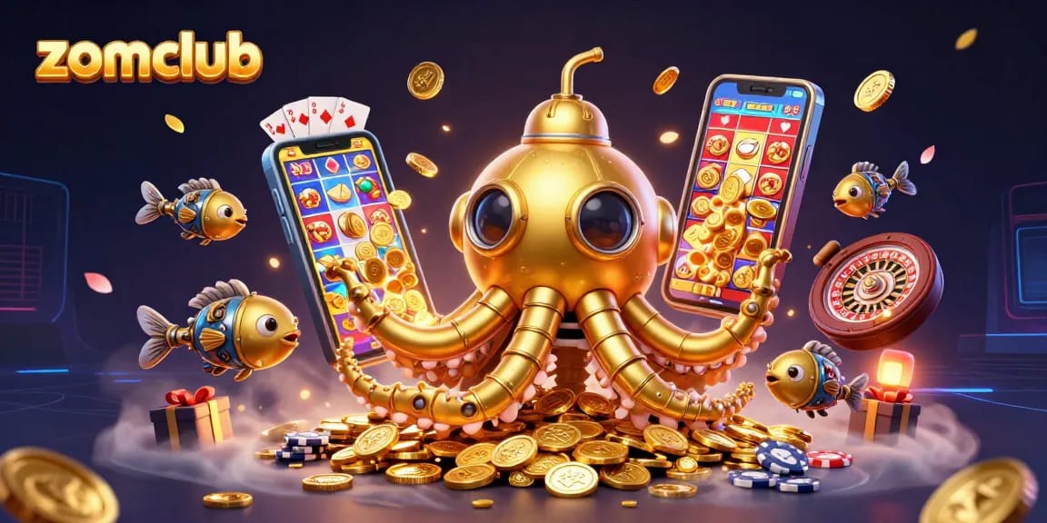 Experience thrilling gameplay with zomclub's vibrant 3D casino scene featuring exciting games and rewards.