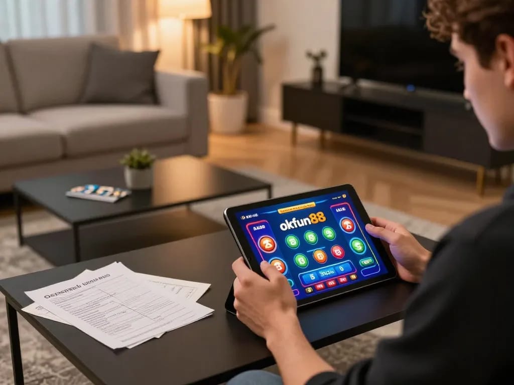 Engaging in strategic online gaming on okfun88 in a cozy home environment, showing focused gameplay.