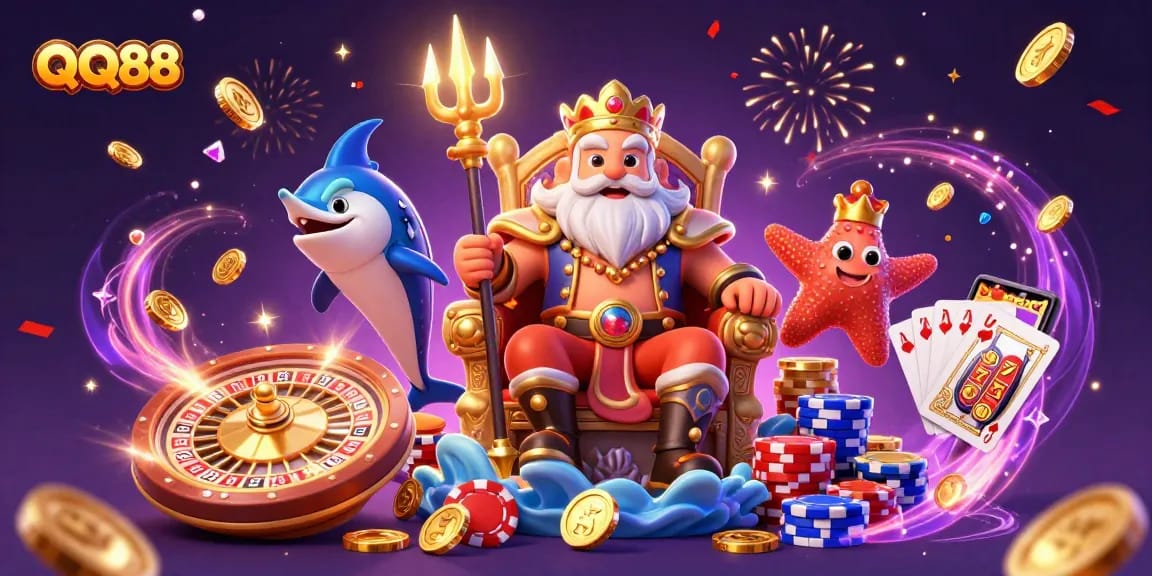 Experience thrilling wins with QQ88 in a dynamic casino illustration featuring Neptune and treasures.