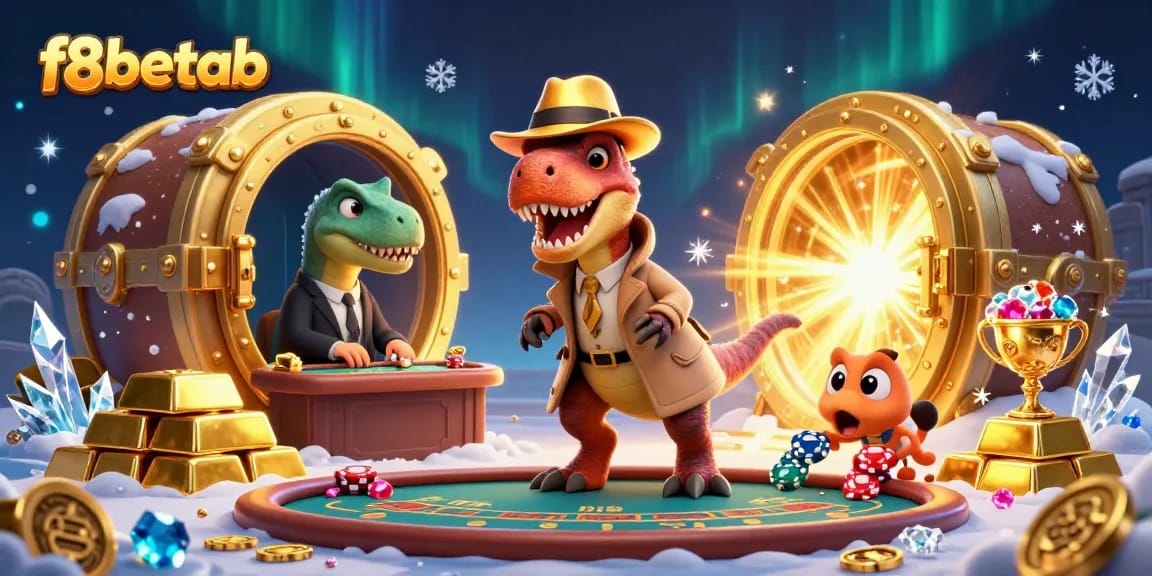 Experience excitement at f8betab with a velociraptor card counter in a rich casino scene filled with treasures.
