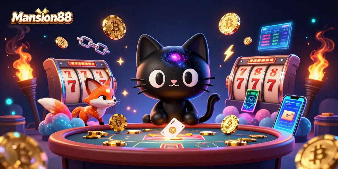 Engage in thrilling gaming at Mansion88 with a cosmic casino scene featuring vibrant characters and elements.