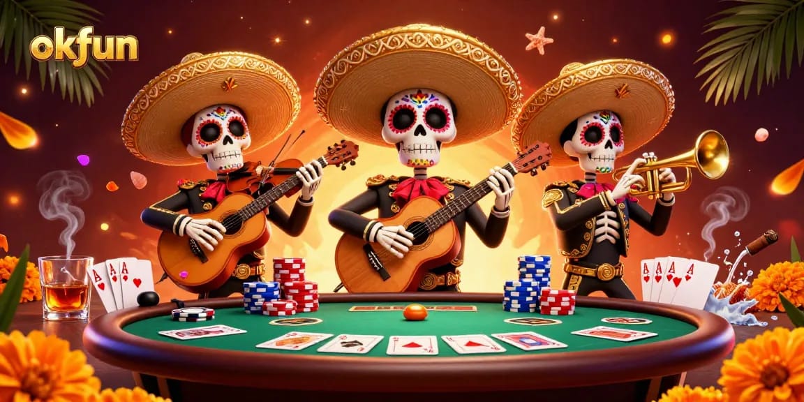 Engage with exciting poker action at okfun featuring vibrant skeleton musicians in a casino setting.