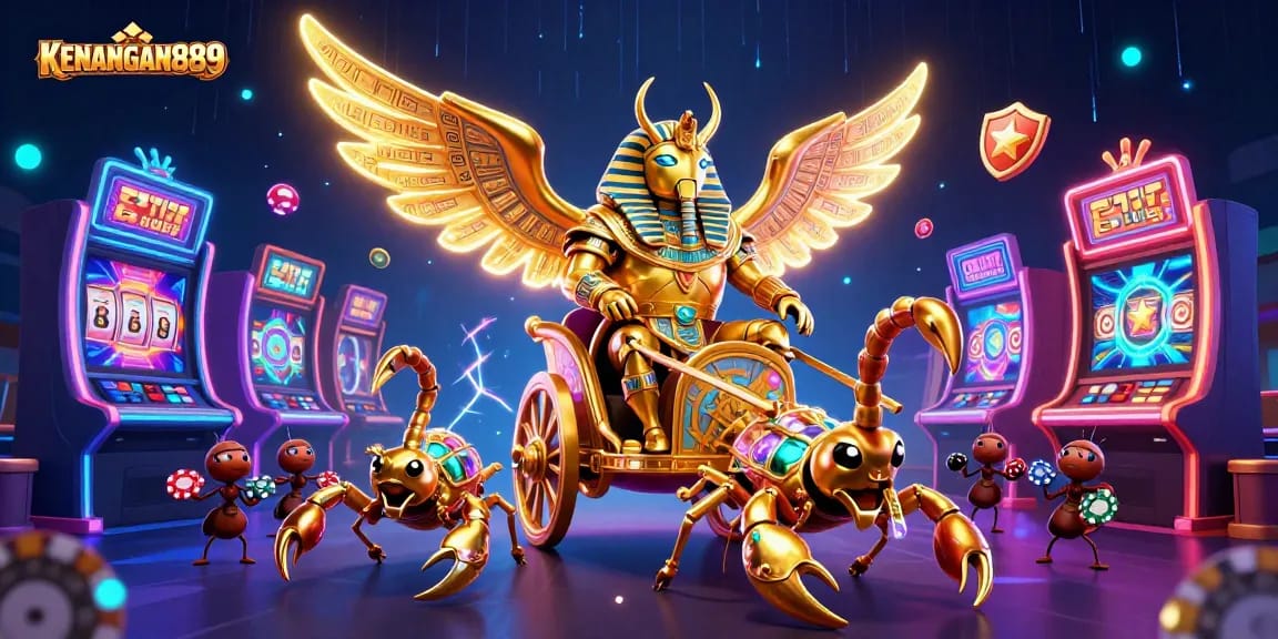 Spin the reels at KENANGAN889 with a vibrant 3D casino illustration depicting an exciting gaming adventure.