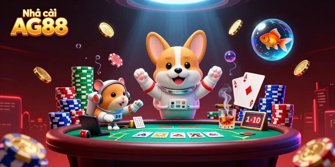 Engage with Nhà cái AG88's space-themed casino scene featuring playful characters and vibrant details.