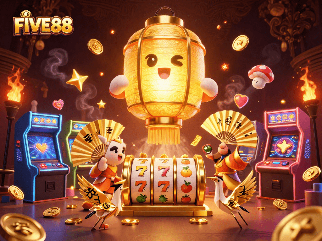 Experience the excitement of FIVE88 casino with a golden lantern spirit amidst colorful arcade elements.