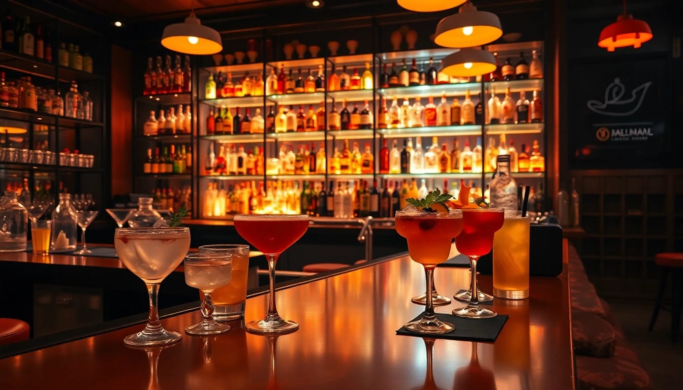 Enjoy the vibrant bar scene showcasing cocktails and a lively atmosphere.