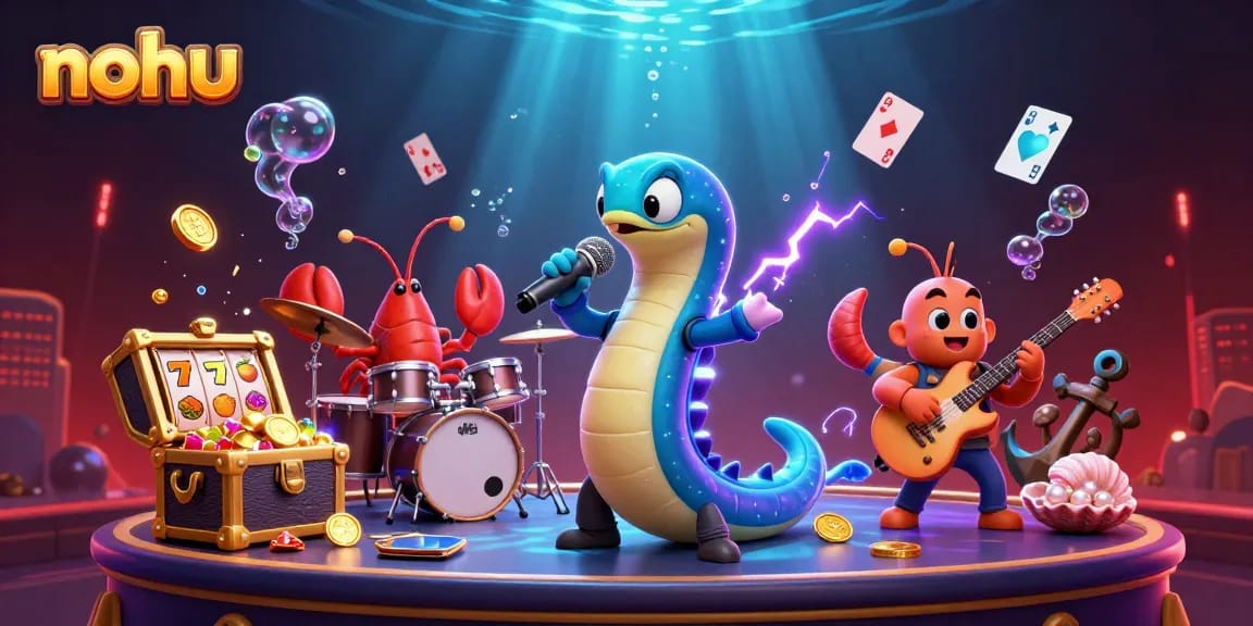 Nohu's electric eel DJ animates a vibrant underwater casino scene with lively slot reels.
