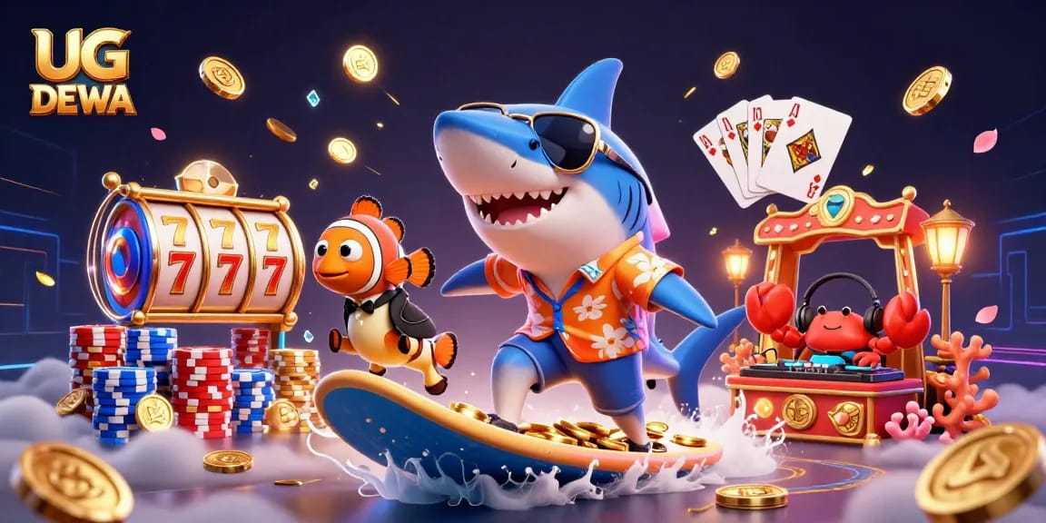 Spin to win with UG DEWA, an exciting slot gaming experience surrounded by dazzling coins and cards.