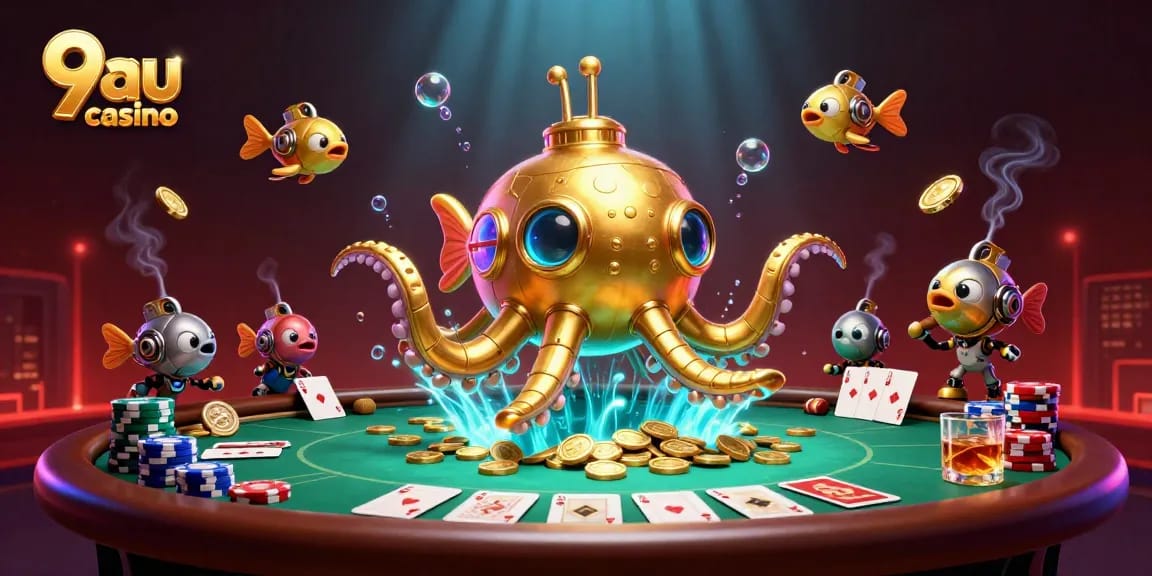 Join the excitement at 9au casino featuring a vibrant 3D scene with poker elements.