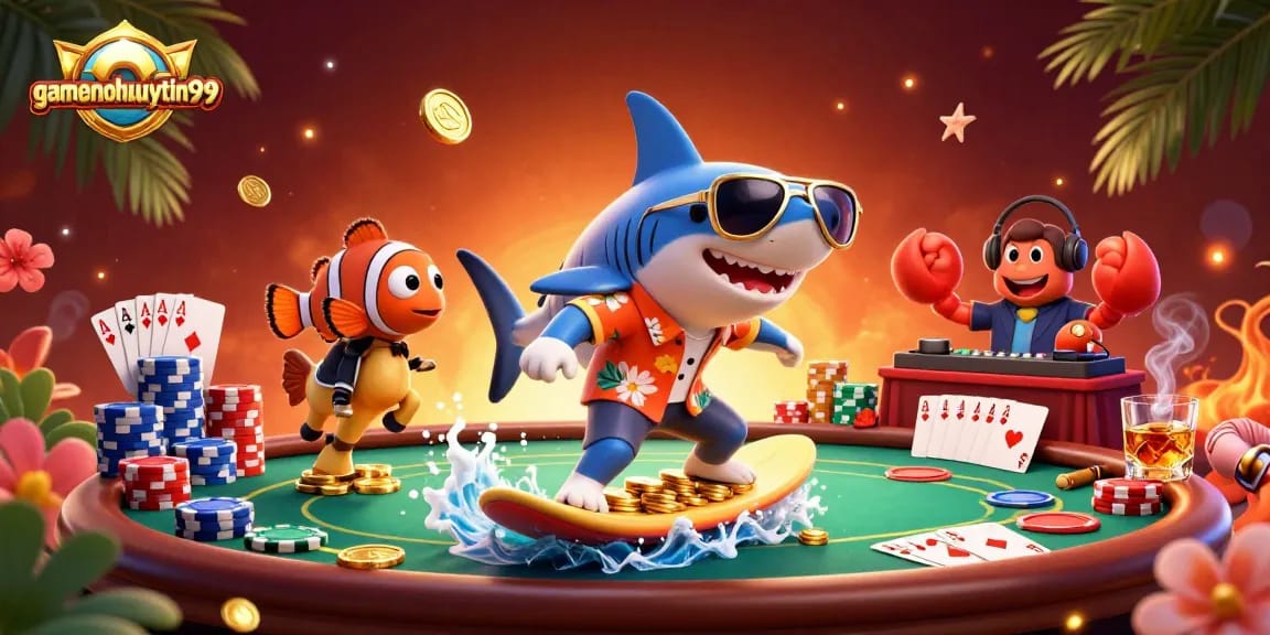 Engage with gamenohuuytin99 in a vibrant cartoon casino scene featuring a shark, clownfish, and crab!