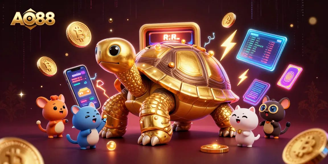 Experience the excitement of AO88 with a golden tortoise pinball, crypto games, and vibrant neon elements.