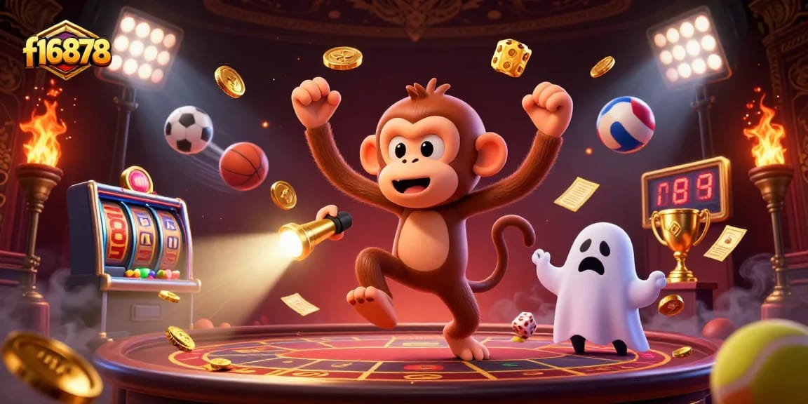 Experience thrills at f16878 with a spirited mix of a mischievous monkey juggling golden casino elements and a ghost-hunter puppy.