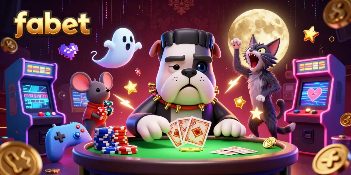Engage in fun with fabet as the Frankenstein bulldog monster deals cards in a spooky casino scene.