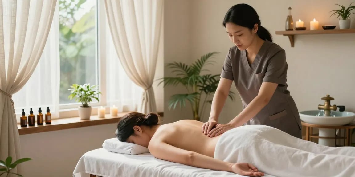 마사지 치료 중 편안한 고객과 아로마 오일, 따뜻한 분위기의 스파 모습