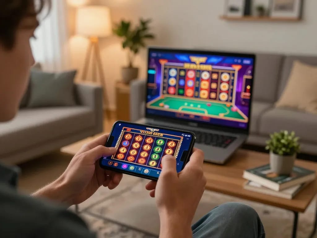 Player engaging in online casino games at home using the sunwin app, showcasing a cozy atmosphere.