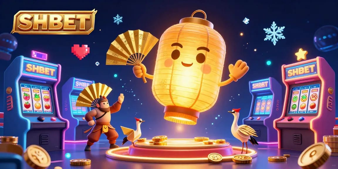 Experience the enchanting atmosphere of SHBET gaming with golden lanterns and vibrant casino elements.