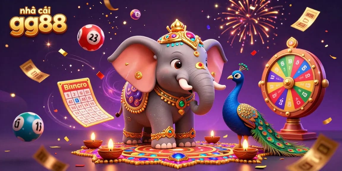 Engage with the spectacular scene at nhà cái gg88 featuring a Diwali-themed elephant and vibrant casino elements.