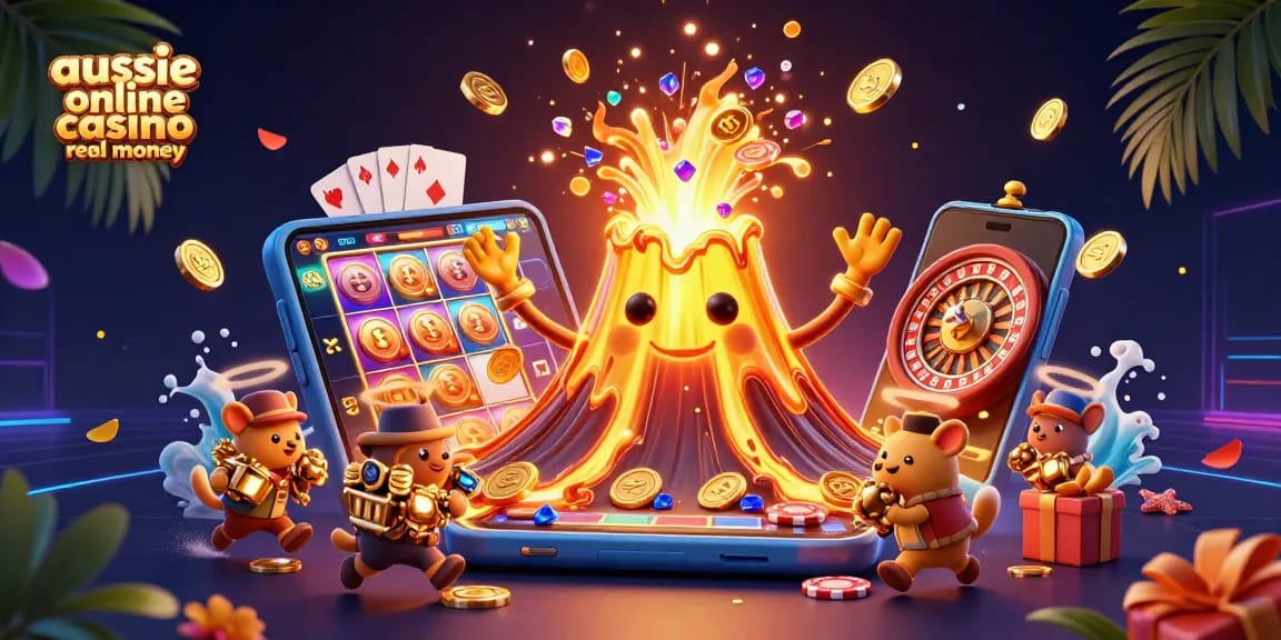 Win at aussie online casino real money with a vibrant eruption of treasures and gaming excitement.