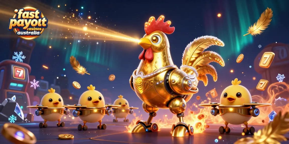 Experience fast payout casinos Australia with vibrant casino action featuring a golden rooster robot and dynamic game elements.