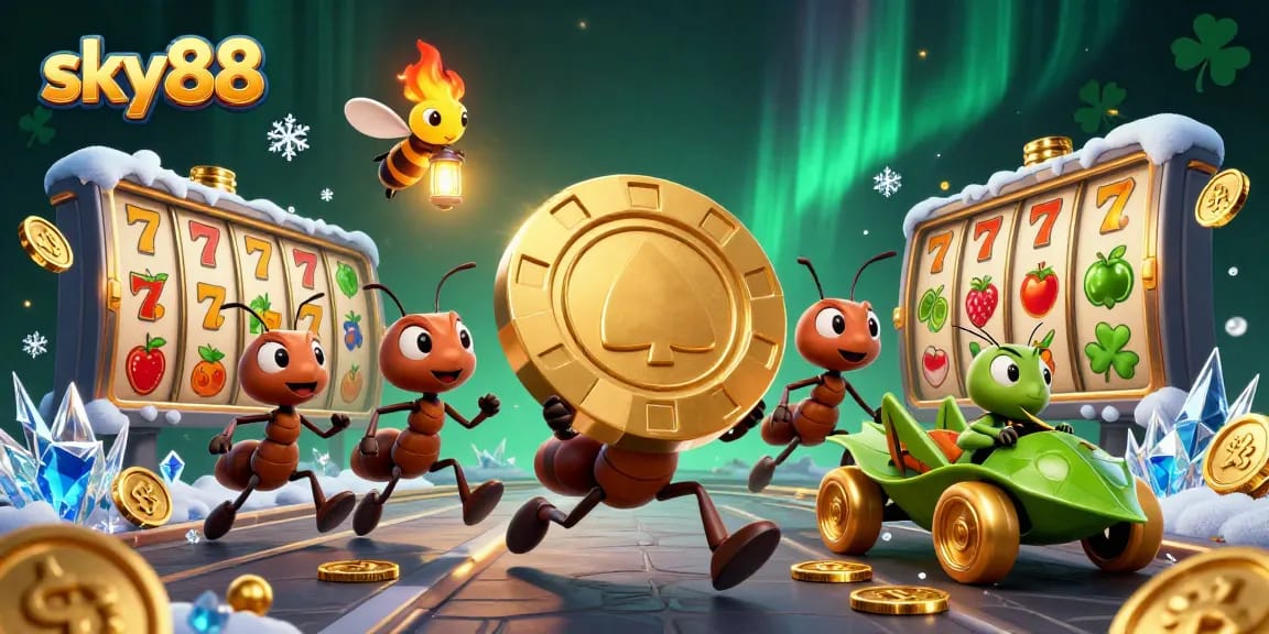 Sky88 ant gang running a heist with golden poker chip, surrounded by vivid casino elements.