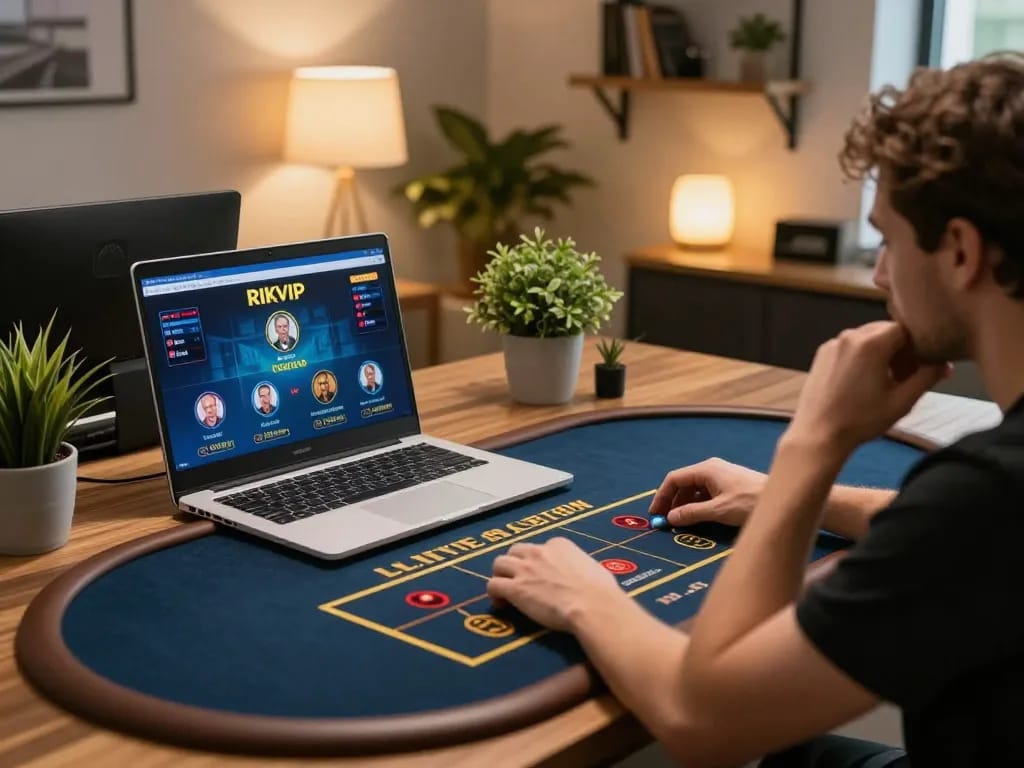 Player enjoying a live dealer game on rikvip platform in a cozy home setup.
