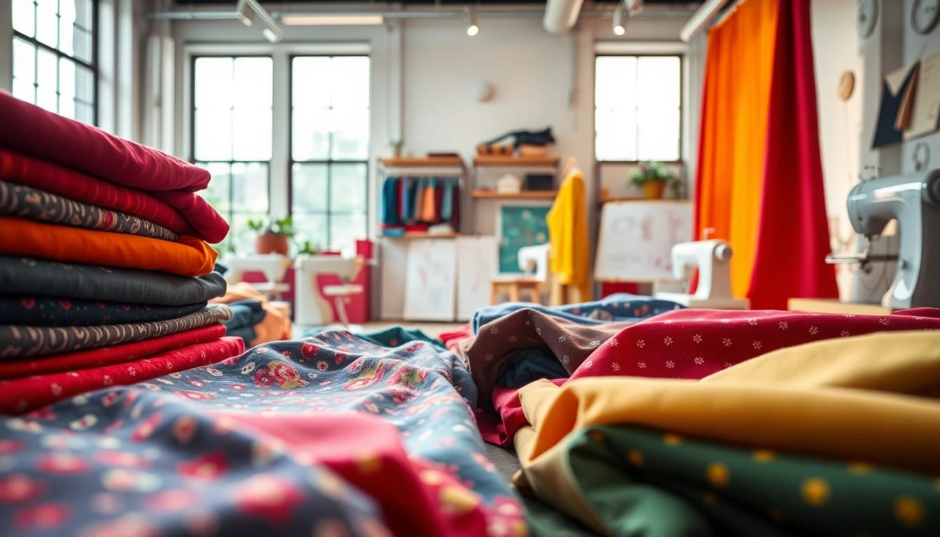 Explore diverse stoffenkraam options with vibrant fabrics displayed in a creative studio setting.