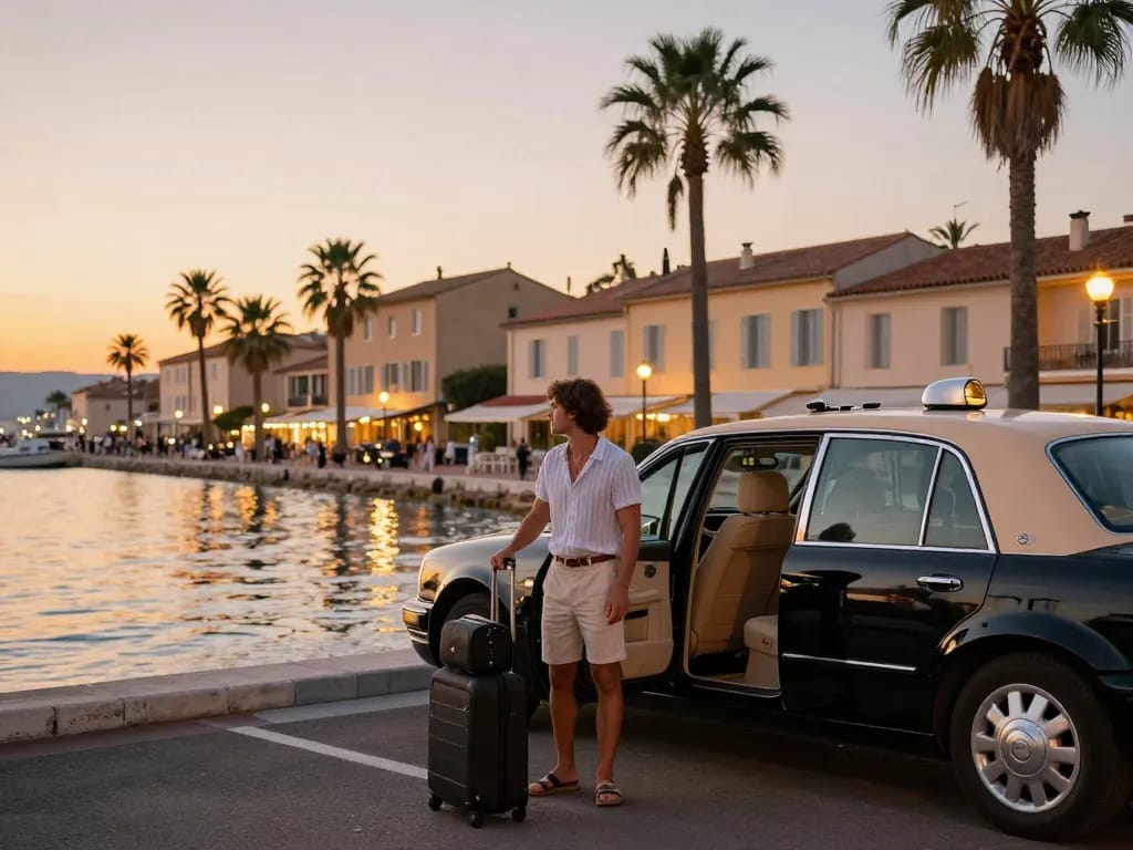 Scène de taxi à Saint-Tropez avec un voyageur prêt à monter dans un taxi de luxe au bord de l'eau au coucher du soleil.