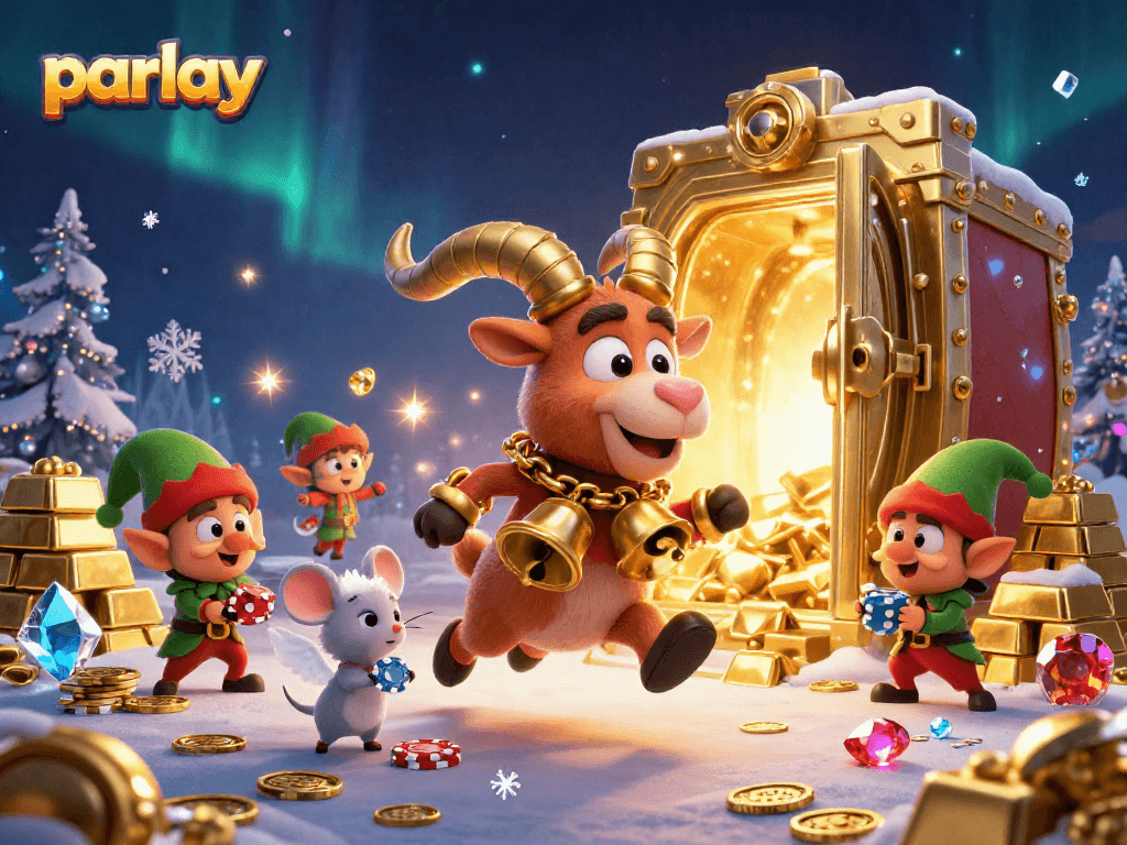 Engage in thrilling parlay bets with charming characters amid a festive casino scene.
