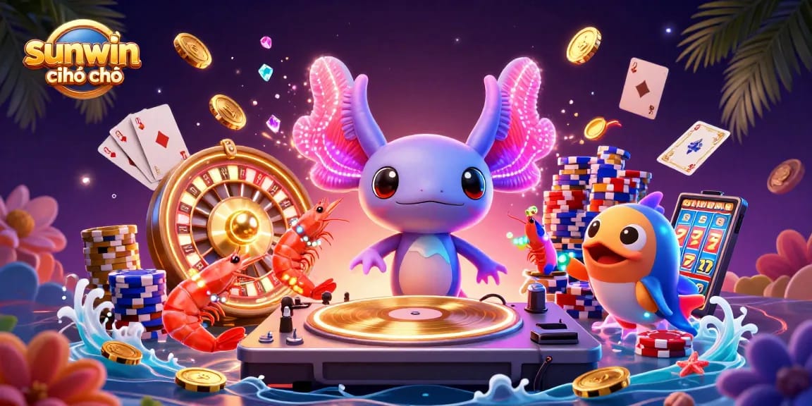 Spin and win with sunwin chính chủ in this vibrant 3D casino scene featuring lively underwater characters and dynamic game elements.