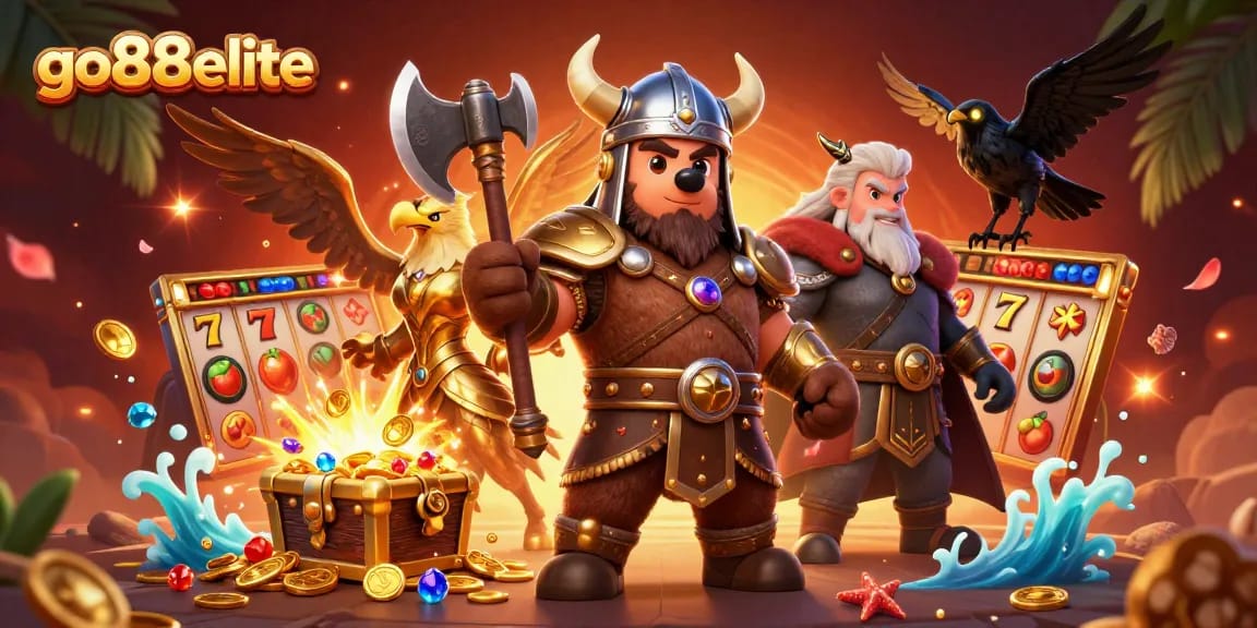 Experience the thrill of go88elite with Viking characters and casino elements in a vibrant scene.