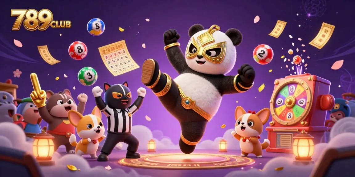 Watch the 789CLUB panda wrestler kick while lottery balls explode in a vibrant gaming frenzy.
