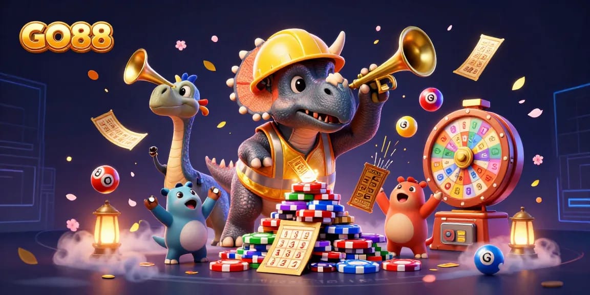 GO88 players delight in a festive casino scene with jubilant characters building poker chip towers.