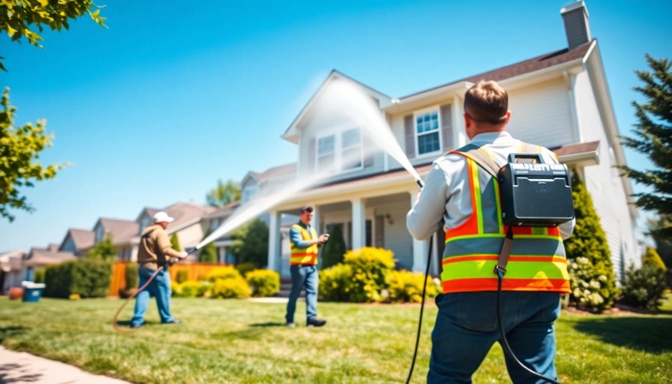 Team performing house washing on a residential home, showcasing effectiveness and professionalism.