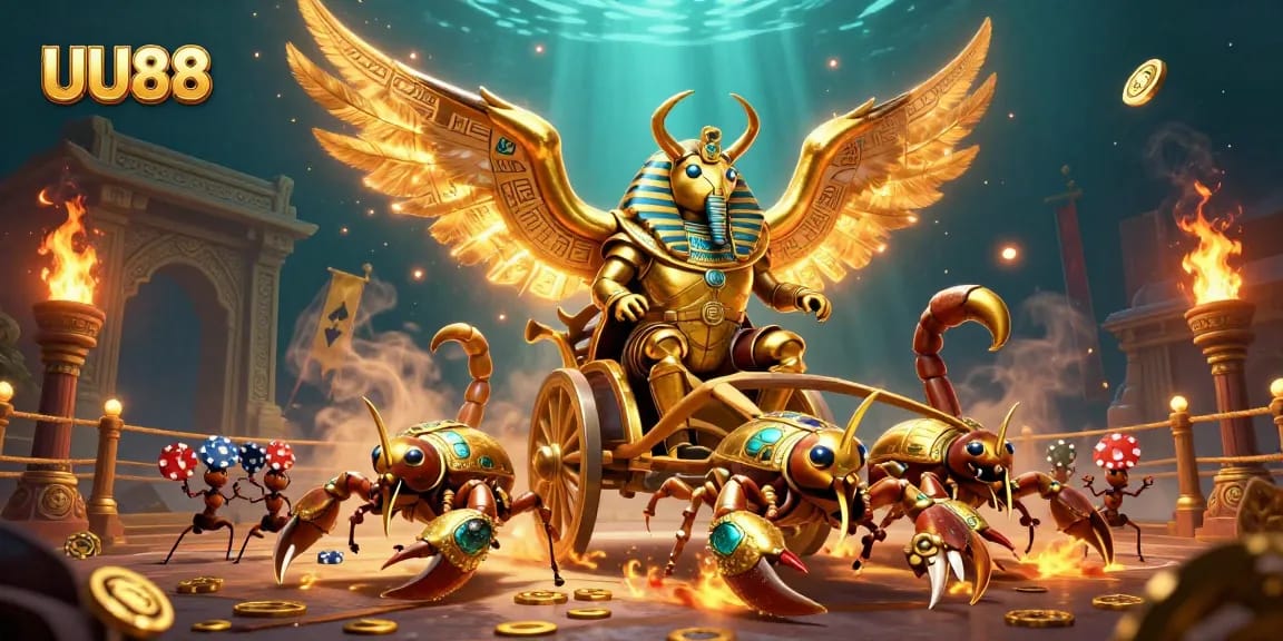 Engage with UU88 in an electrifying 3D casino scene featuring golden scarabs, scorpions, and poker chips.