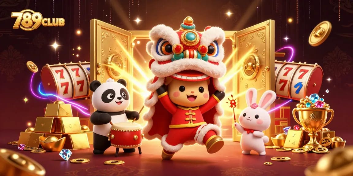 Engage in thrilling gameplay with 789CLUB, showcasing 3D characters in a festive casino scene.