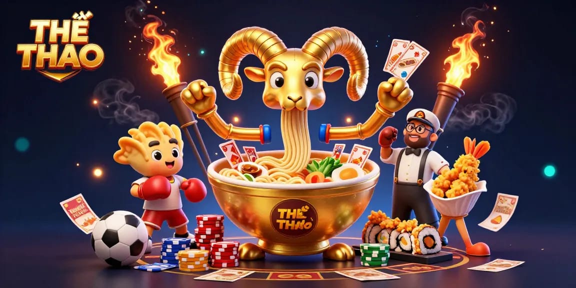 Engage with THỂ THAO as a giant ramen bowl battles for victory in sports betting action.