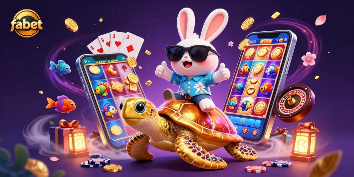 Experience thrilling gaming adventures with fabet, featuring a lucky rabbit, a golden turtle, and dynamic casino elements.