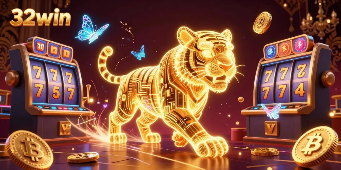 Experience 32win's vibrant casino adventure with a golden tiger, Bitcoin, and thrilling slot elements.