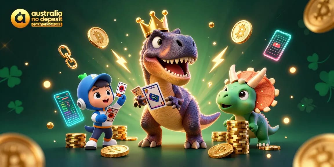 A thrilling scene showcasing australia no deposit casino bonuses with a T-Rex shuffling cards and a triceratops stacking chips.