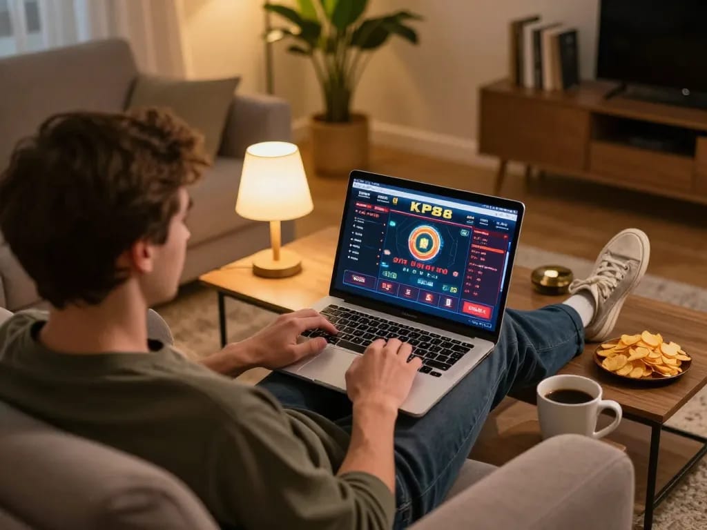 Enjoying KP88 online casino gaming session on laptop with cozy home atmosphere.