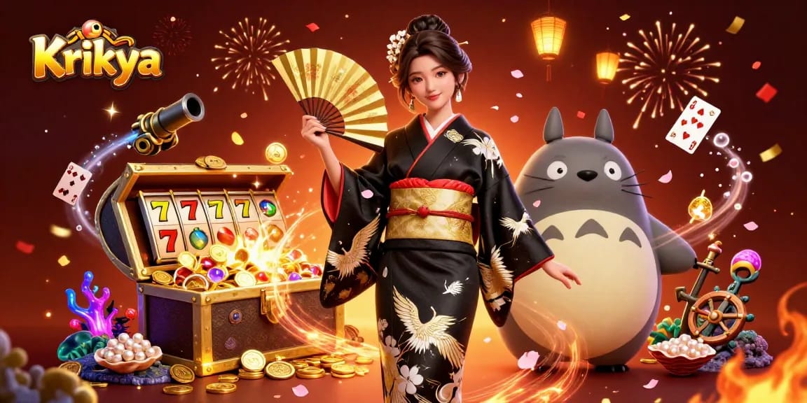 Krikya offers thrilling gaming with a traditional twist, showcasing an elegant kimono-clad woman and a wise tanuki in an enchanting casino scene.