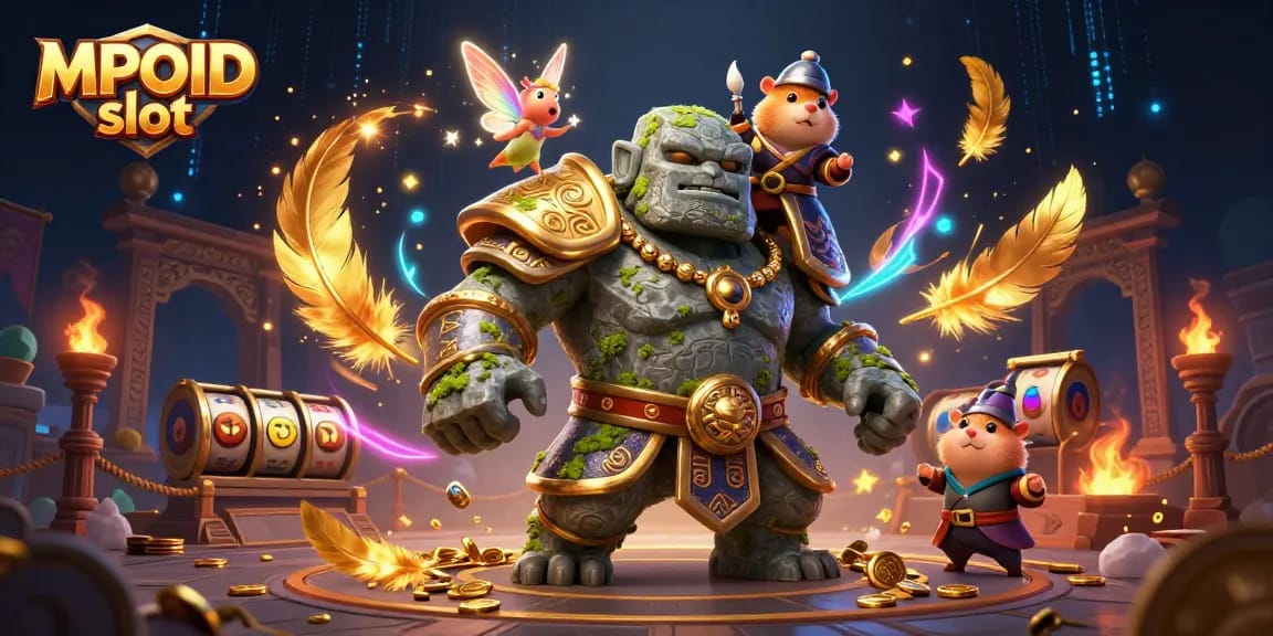 Engage with MPOID slot featuring dynamic 3D characters in a vibrant casino scene.