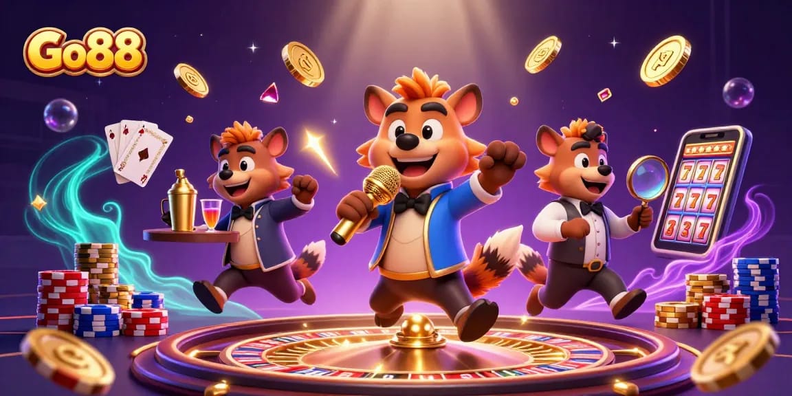 Go88 casino hyenas performing with gold coins, poker chips, and a sparkling atmosphere
