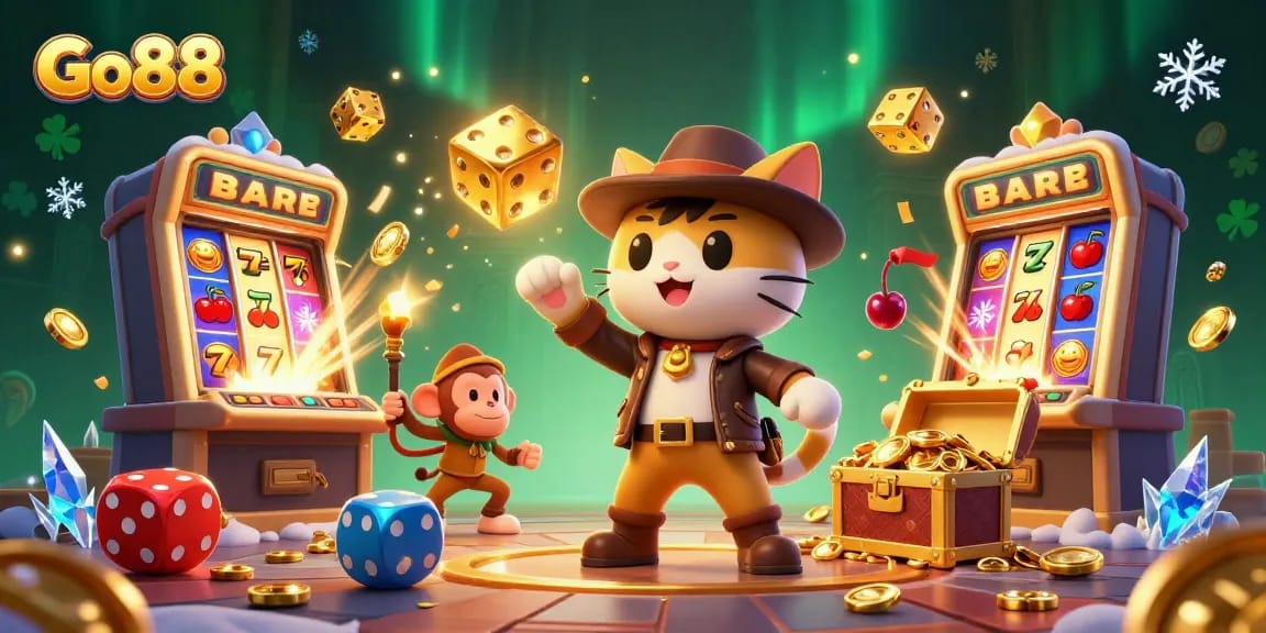 Win big at Go88 with a vibrant illustration of a 3D cat explorer uncovering treasures in a casino temple