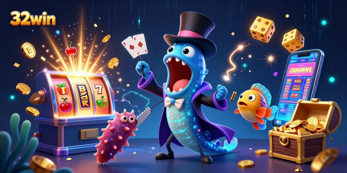Experience the thrill of 32win with vibrant underwater casino magic featuring a deep-sea gulper eel.