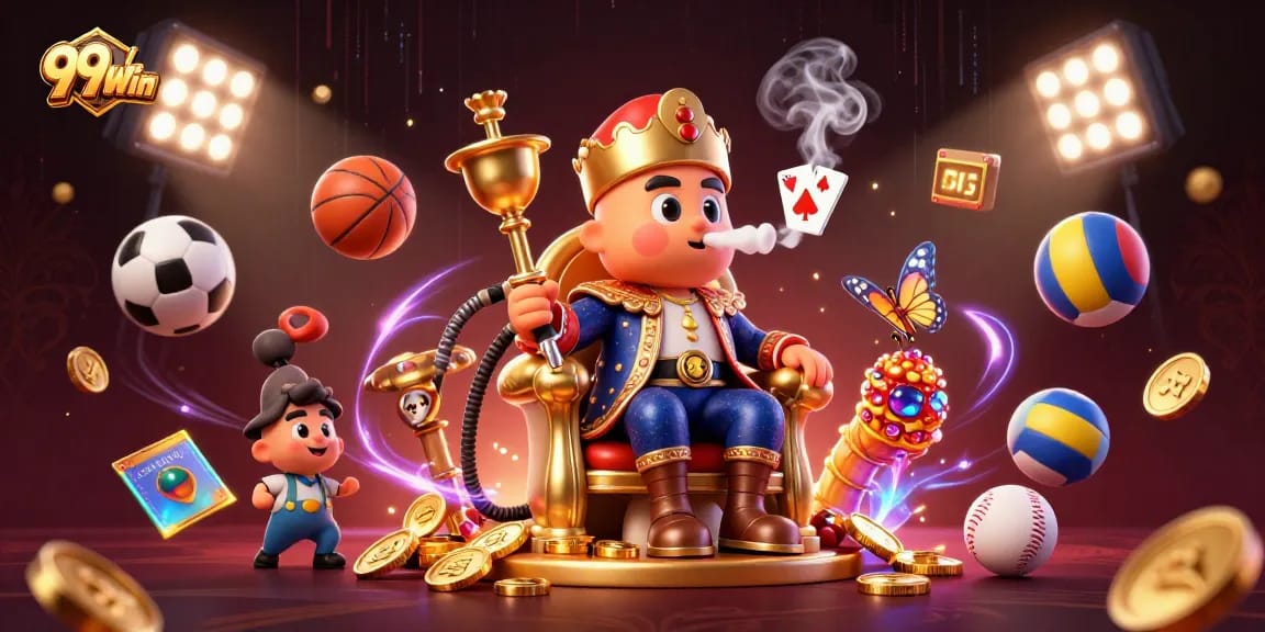 Engage with 99Win's thrilling experience through a vibrant 3D illustration featuring poker elements.